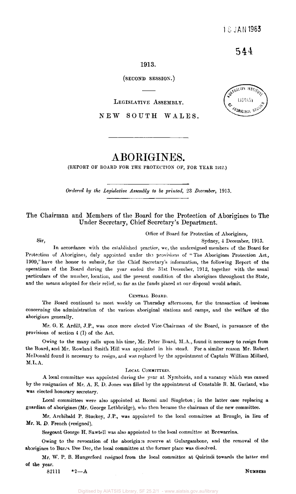 Aborigines, Report of Board for the Protection Of, for Year 1912