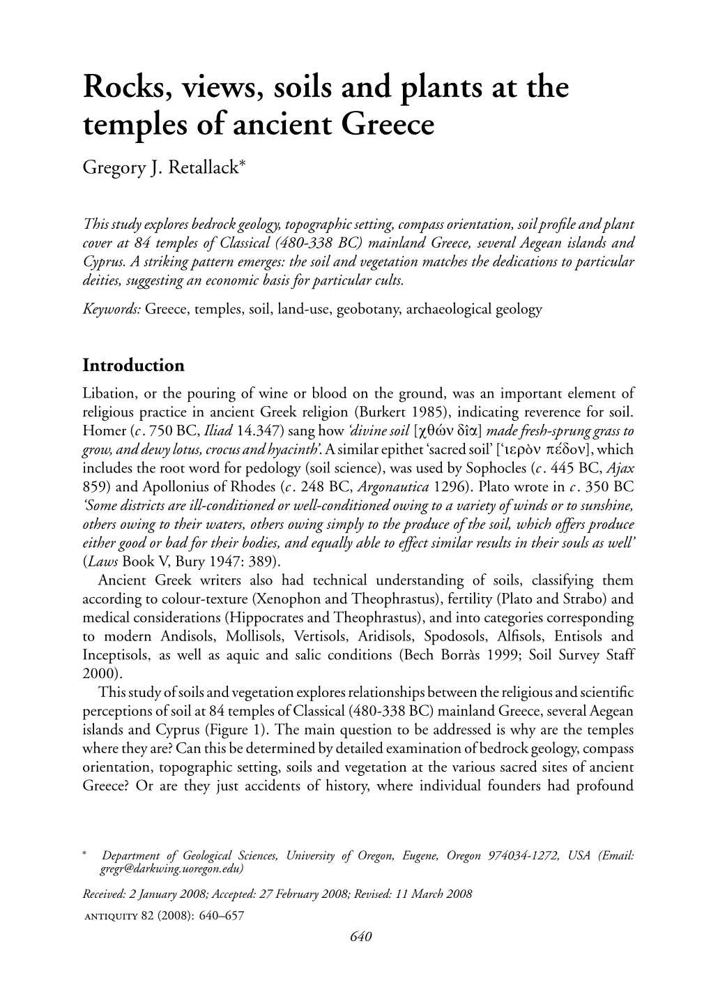 Rocks, Views, Soils and Plants at the Temples of Ancient Greece Gregory J