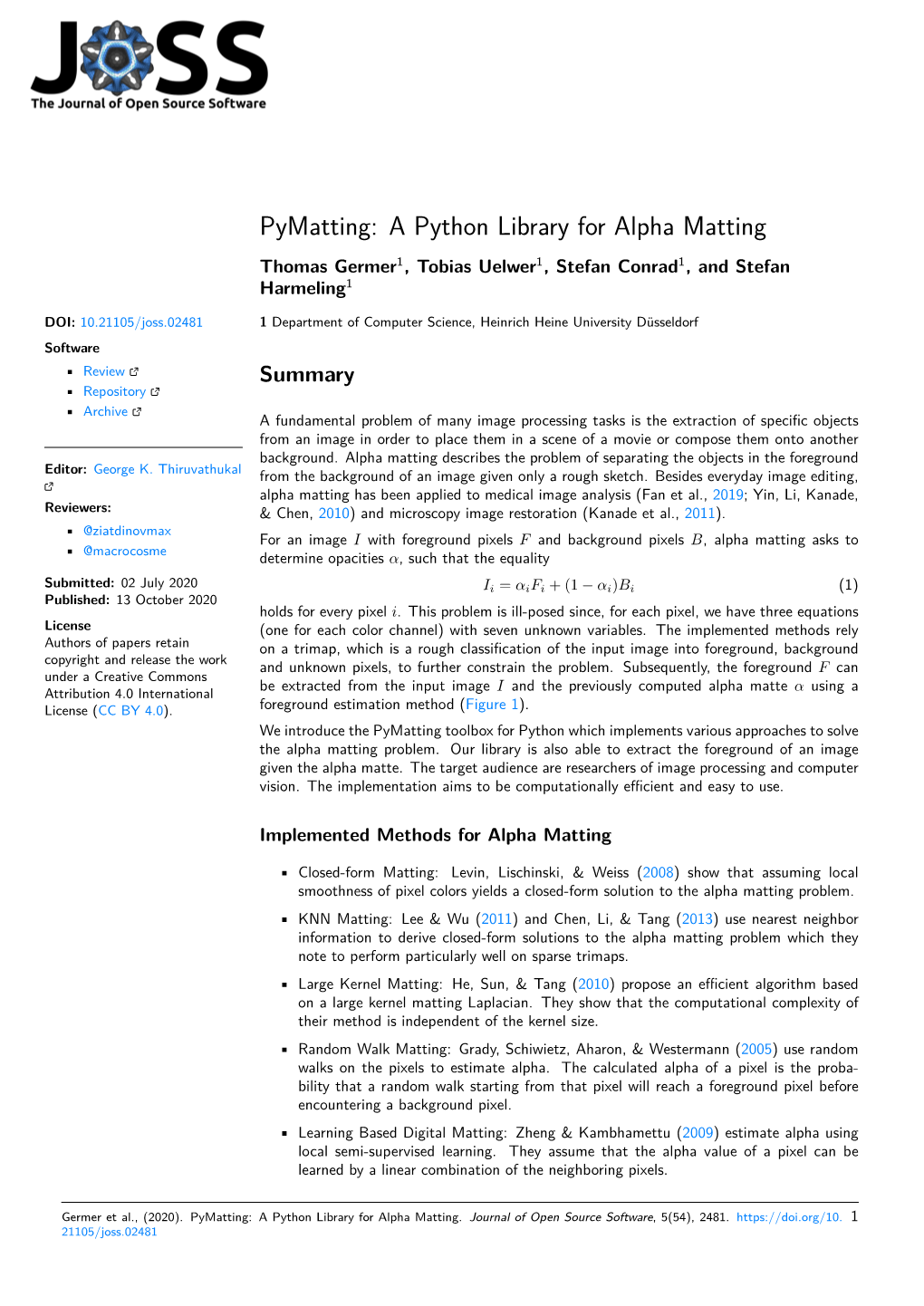 A Python Library for Alpha Matting Thomas Germer1, Tobias Uelwer1, Stefan Conrad1, and Stefan Harmeling1