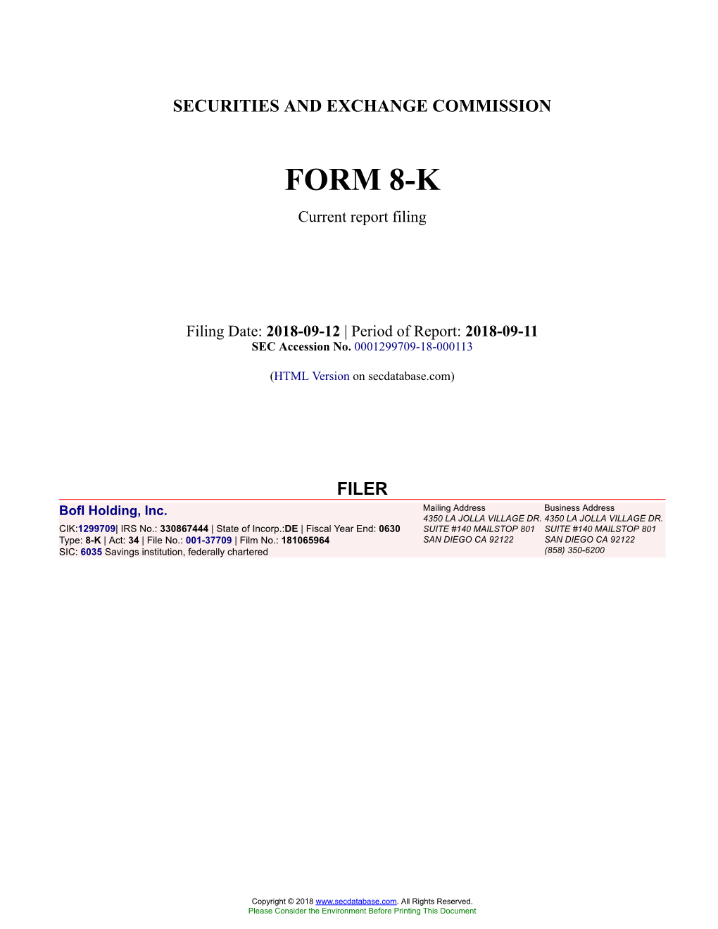 Bofi Holding, Inc. Form 8-K Current Event Report Filed 2018-09-12