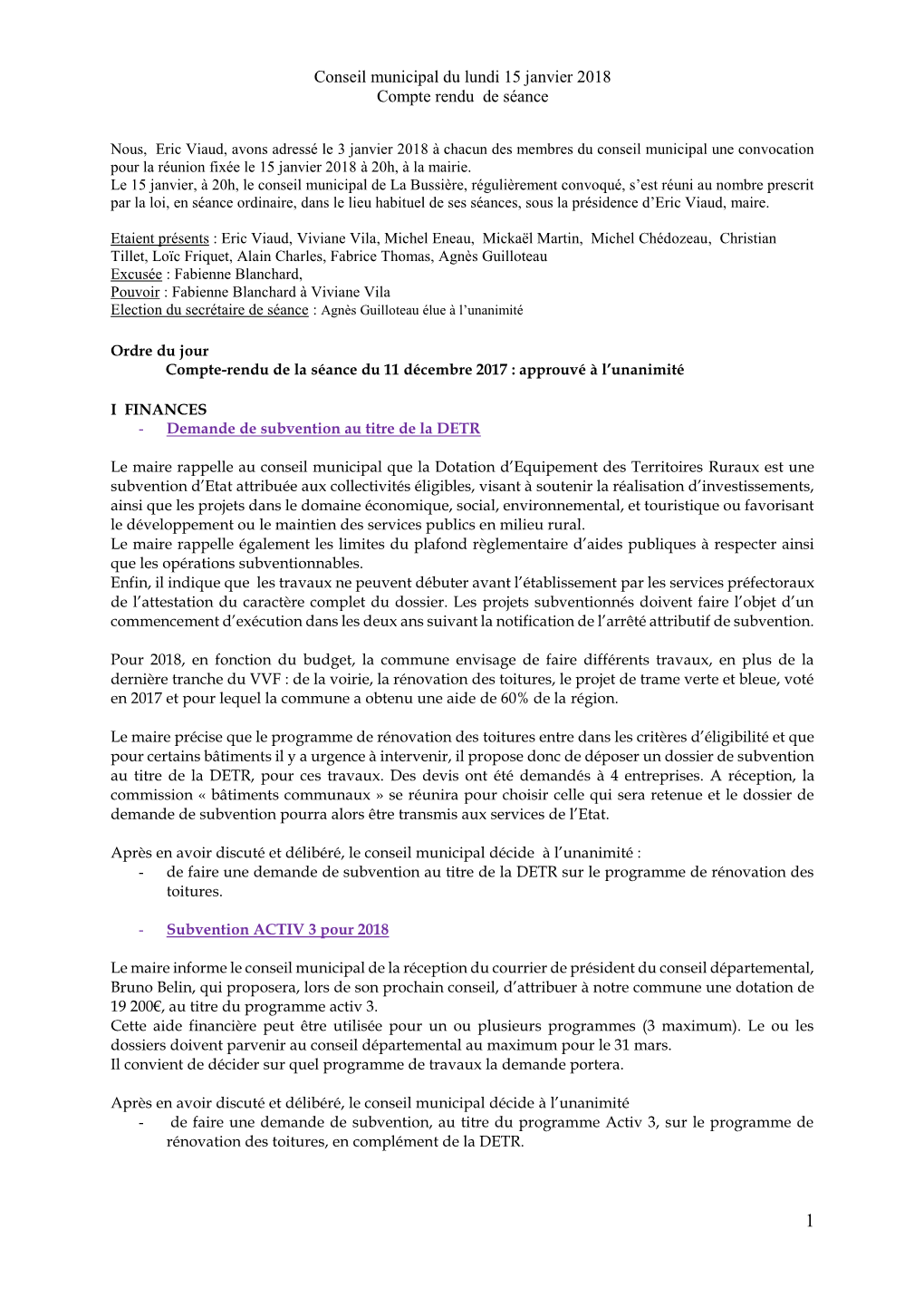 Conseil Municipal Du Lundi 15 Janvier 2018 Compte Rendu De Séance