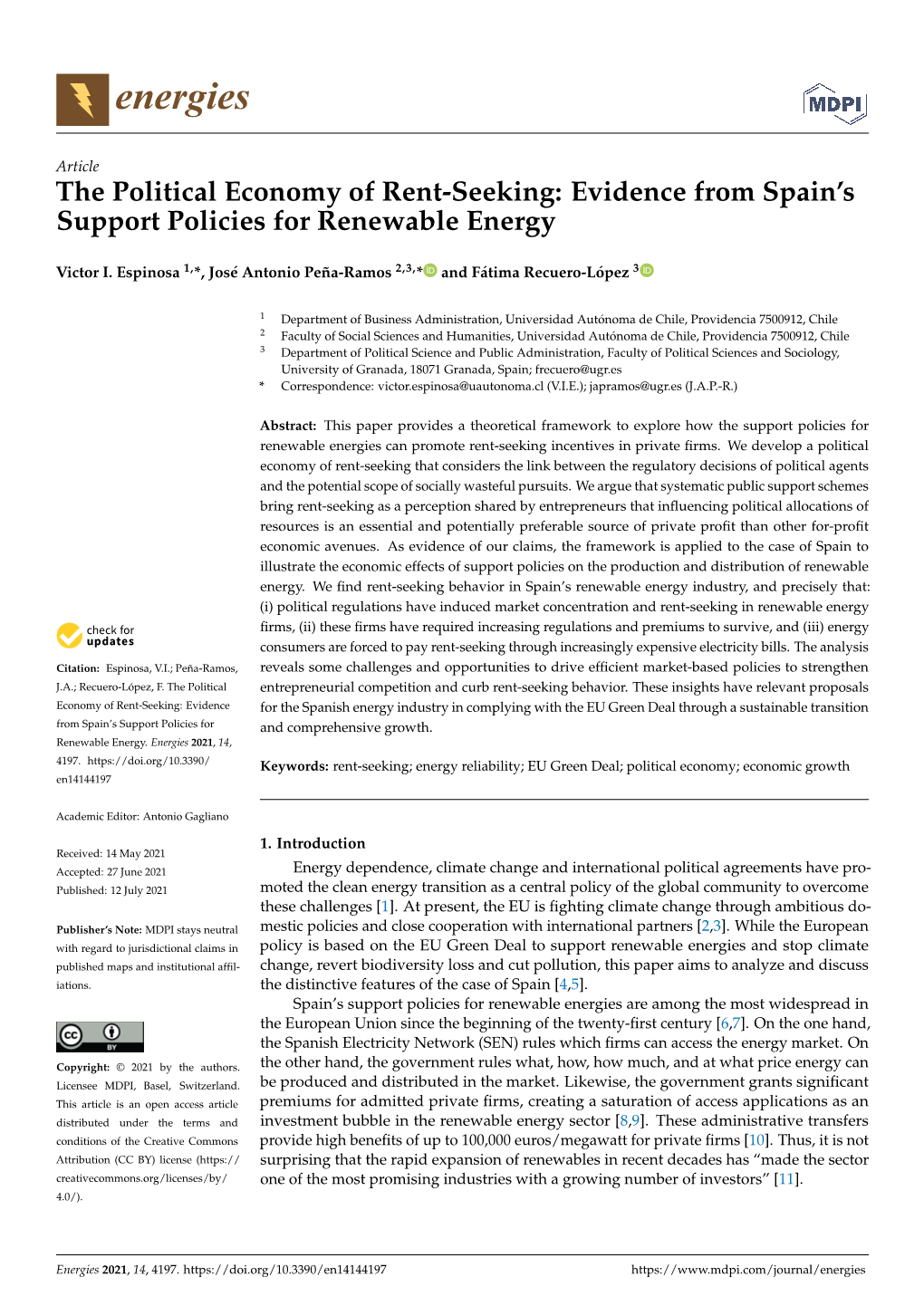 The Political Economy of Rent-Seeking: Evidence from Spain's Support Policies for Renewable Energy