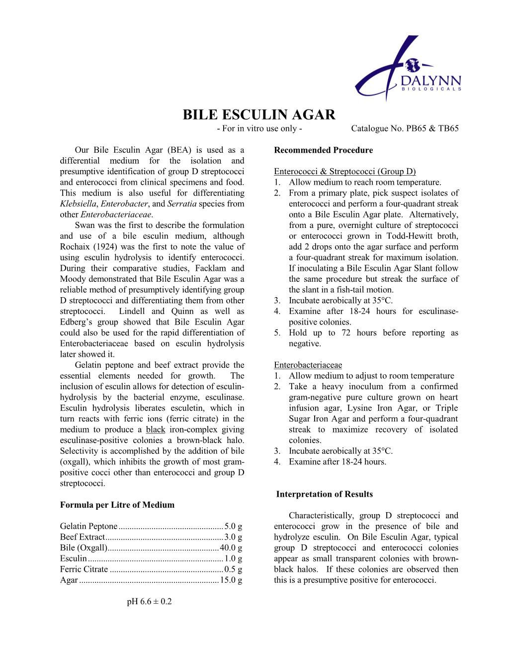 BILE ESCULIN AGAR - for in Vitro Use Only - Catalogue No