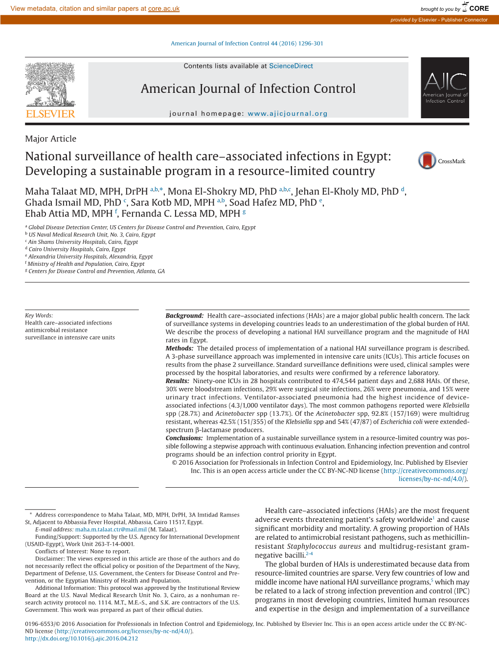 National Surveillance of Health Care–Associated Infections in Egypt: Developing a Sustainable Program in a Resource-Limited Country