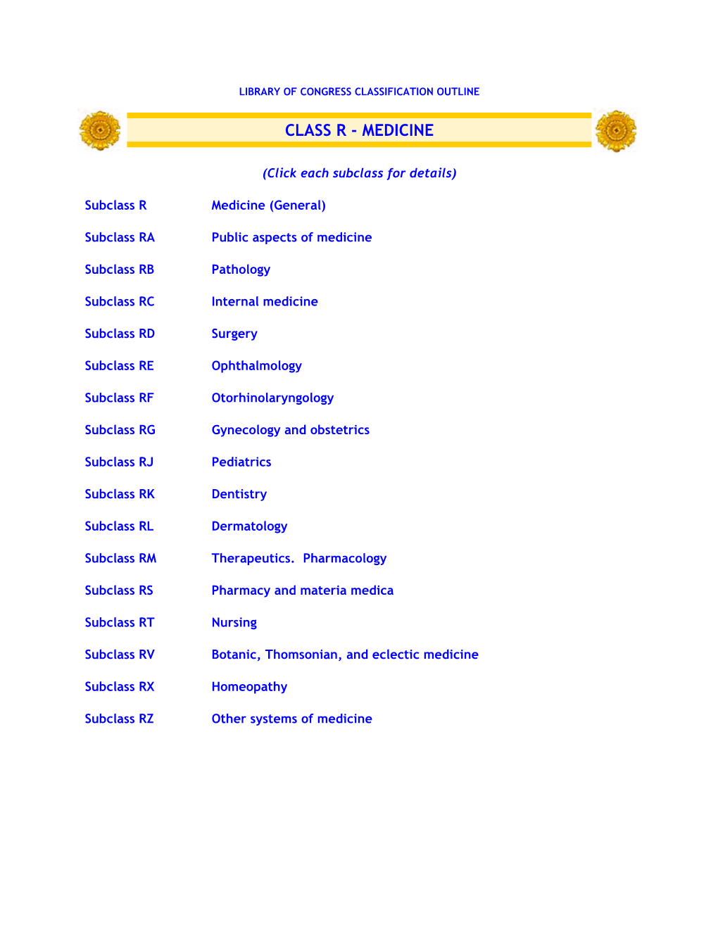 Library of Congress Classification Outline: Class R