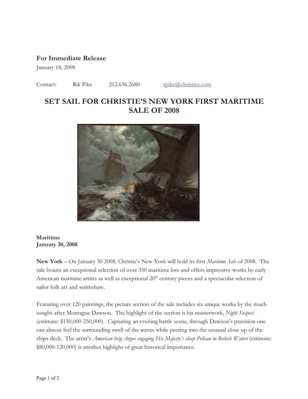 Set Sail for Christie's New York First Maritime Sale of 2008