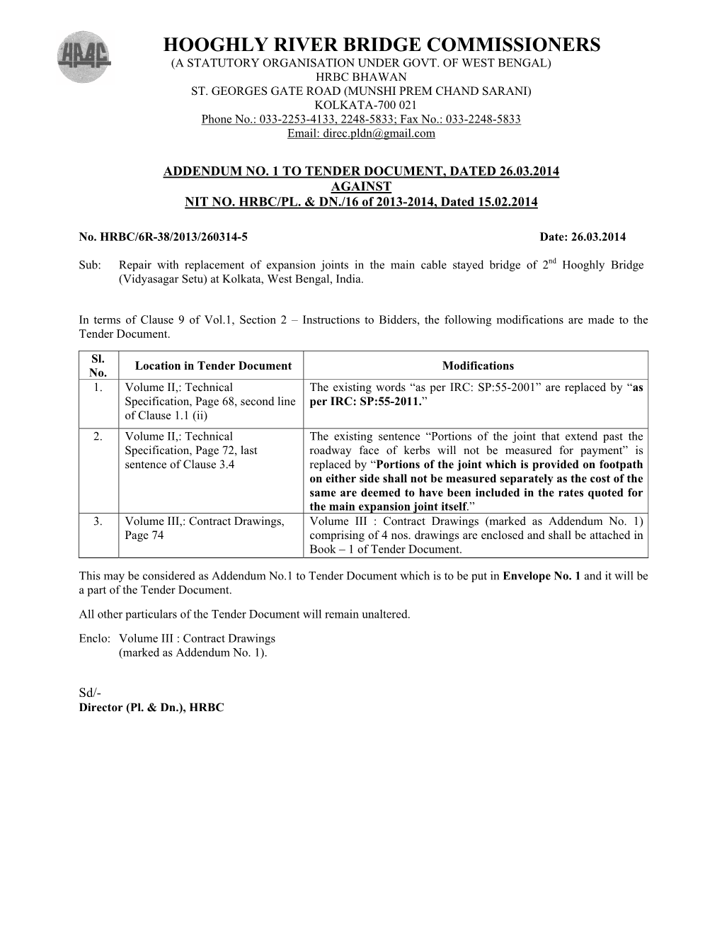 Hooghly River Bridge Commissioners (A Statutory Organisation Under Govt