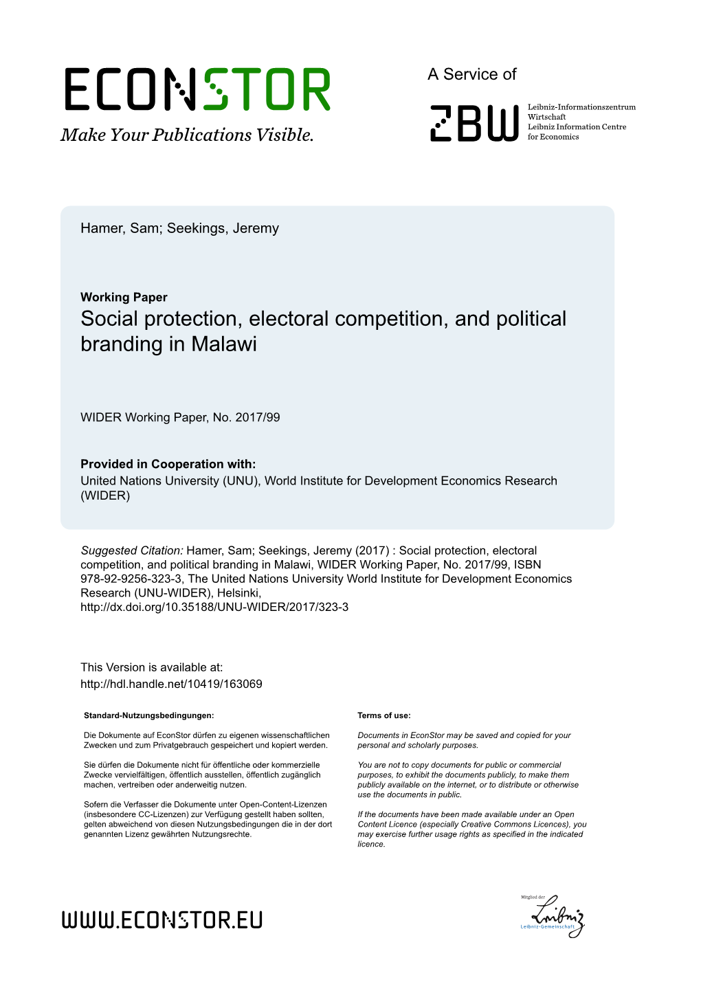 Social Protection, Electoral Competition, and Political Branding in Malawi