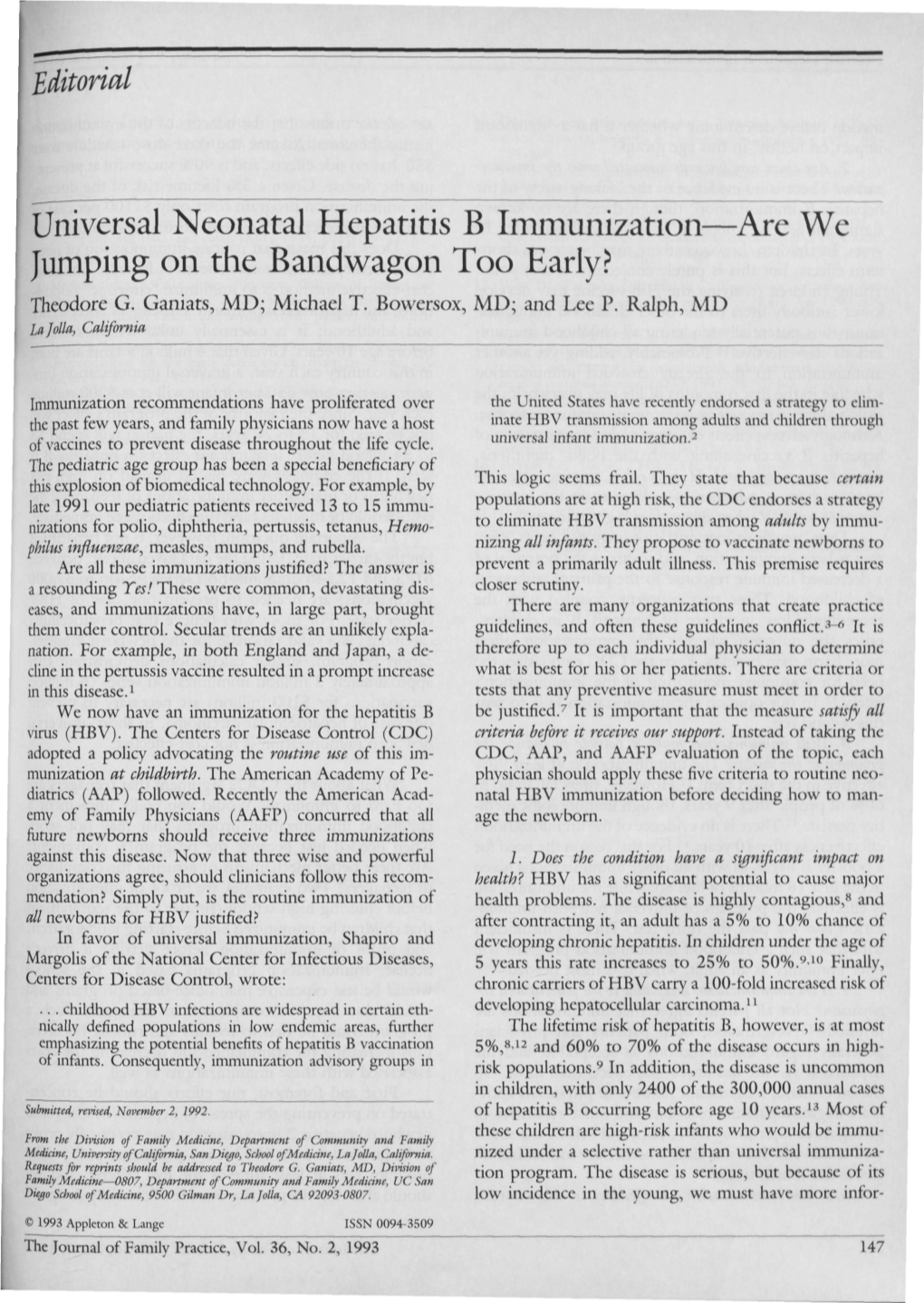 Editorial Universal Neonatal Hepatitis B Immunization—Are We Jumping