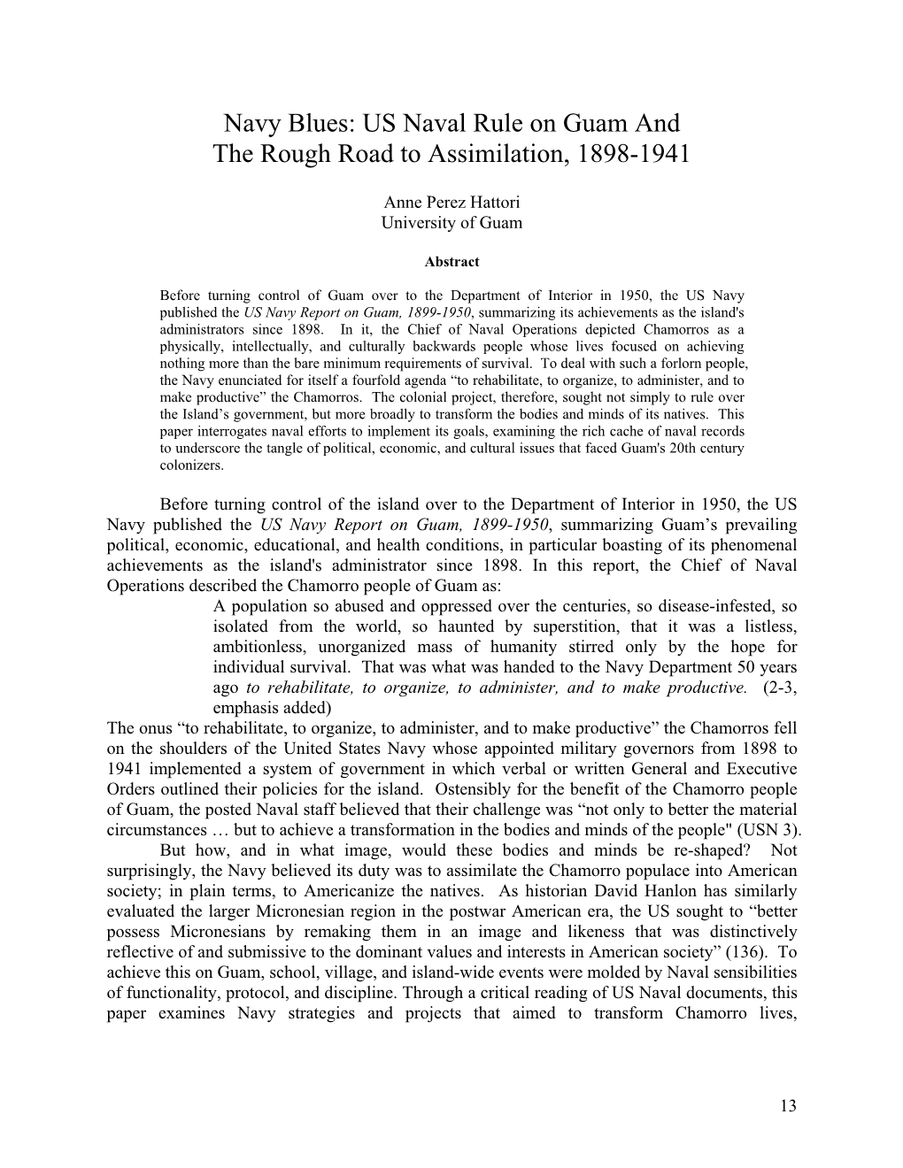 Navy Blues: US Naval Rule on Guam and the Rough Road to Assimilation, 1898-1941