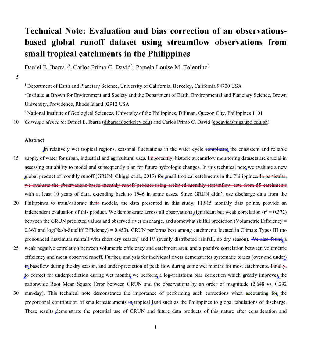 Based Global Runoff Dataset Using Streamflow Observations from Small Tropical Catchments in the Philippines Daniel E