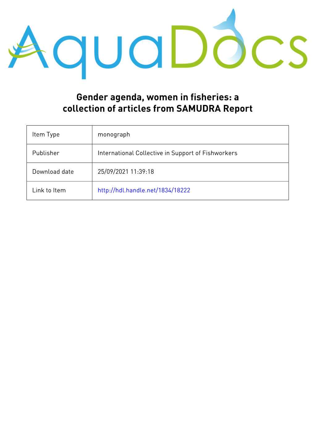 Gender Agenda, Women in Fisheries: a Collection of Articles from SAMUDRA Report