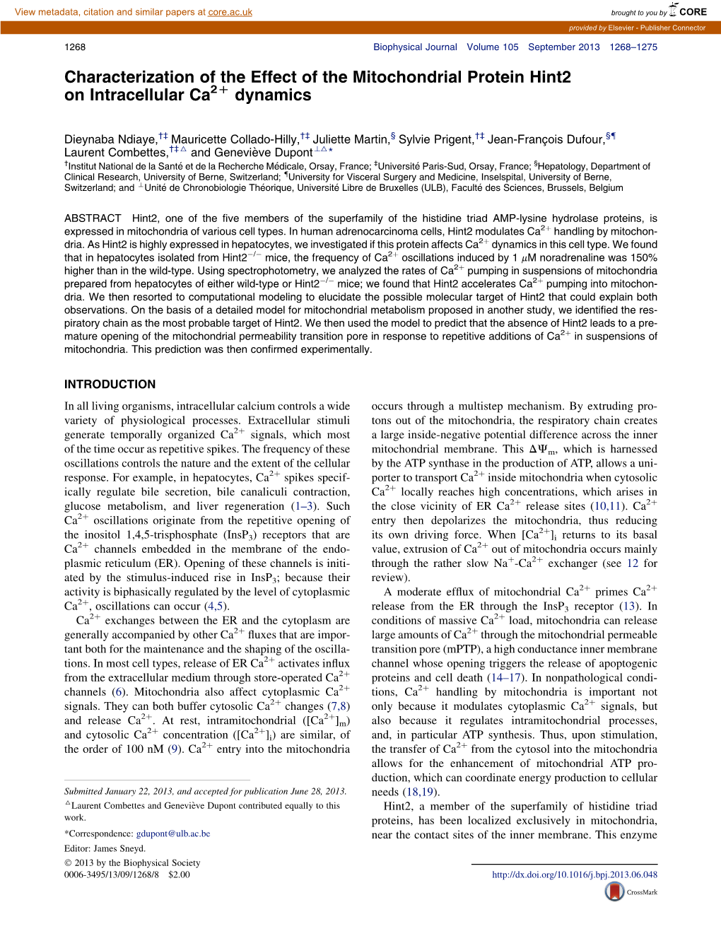 Characterization of the Effect of the Mitochondrial Protein Hint2 on Intracellular Ca2d Dynamics