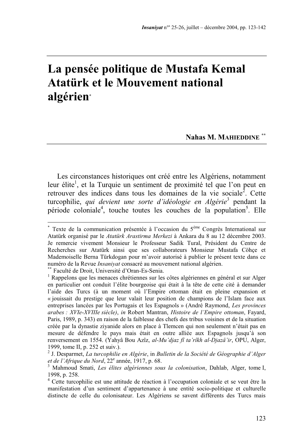 La Pensée Politique De Mustafa Kemal Atatürk Et Le Mouvement National Algérien*