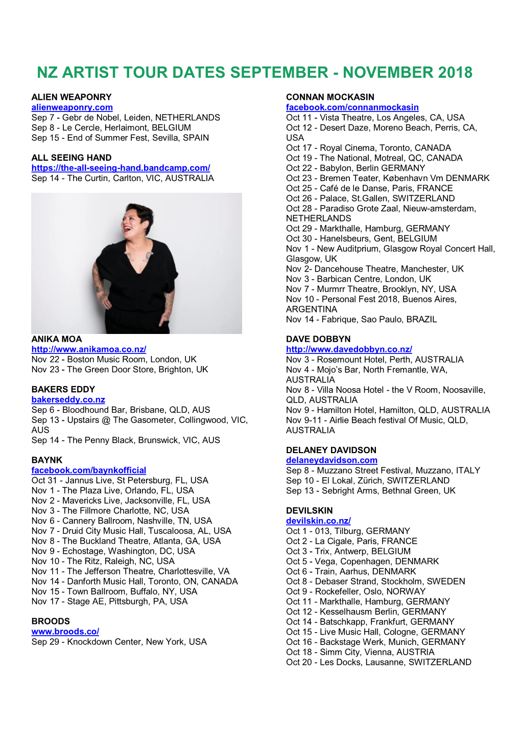 Nz Artist Tour Dates September - November 2018