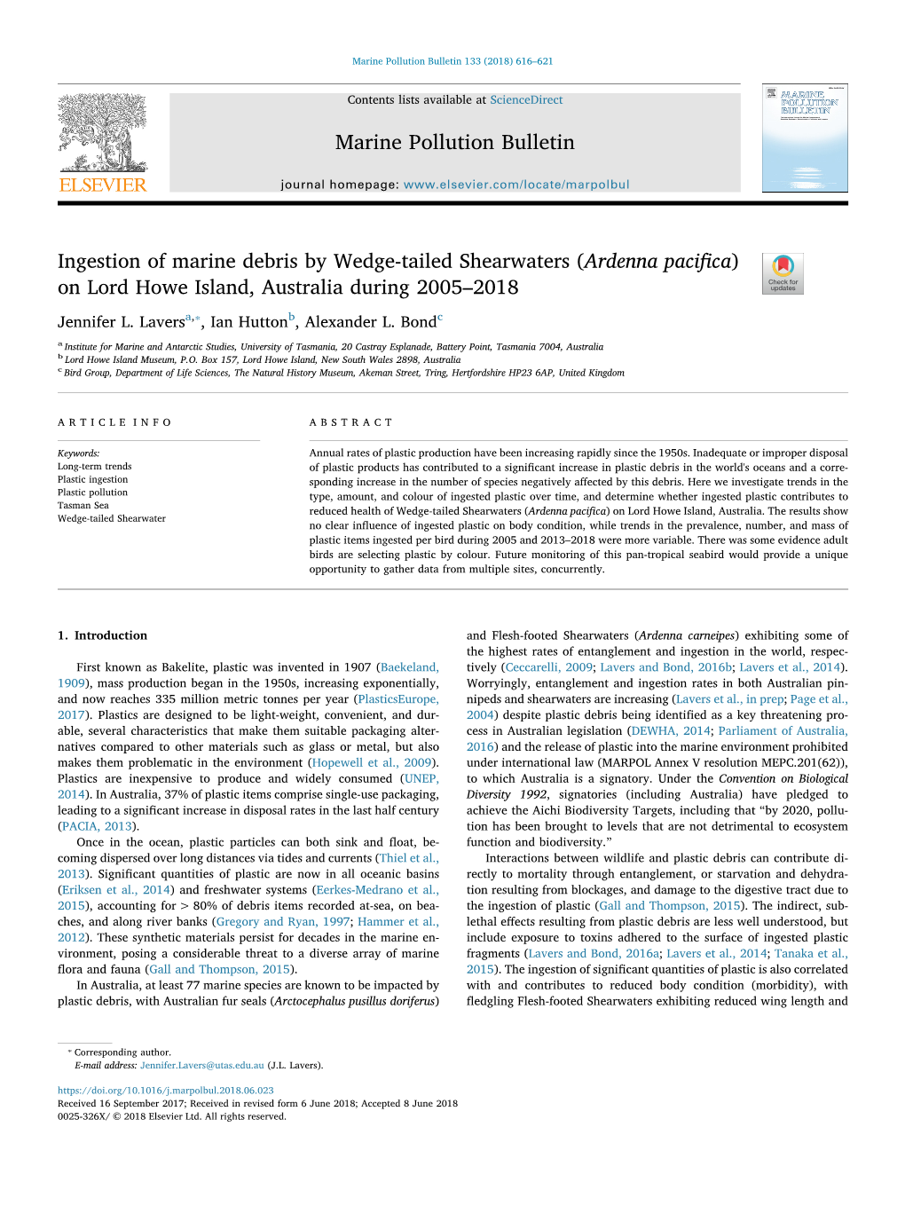 Ingestion of Marine Debris by Wedge-Tailed Shearwaters (Ardenna Paciﬁca) T on Lord Howe Island, Australia During 2005–2018 ⁎ Jennifer L