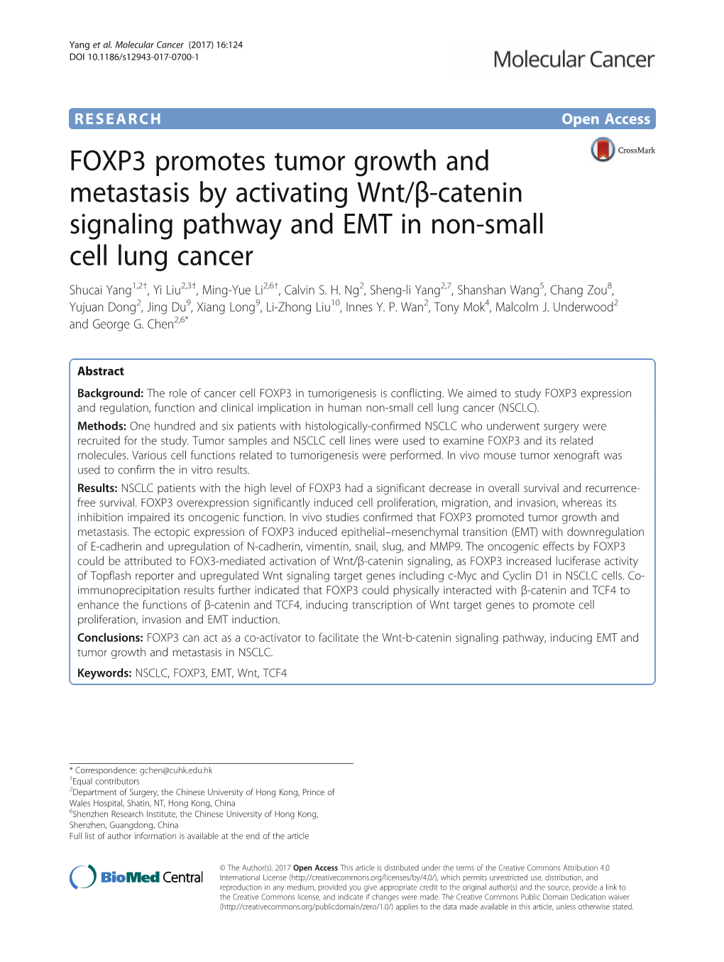 FOXP3 Promotes Tumor Growth and Metastasis by Activating Wnt/Β