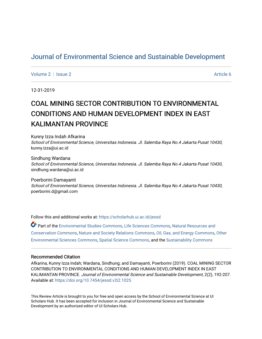 Coal Mining Sector Contribution to Environmental Conditions and Human Development Index in East Kalimantan Province