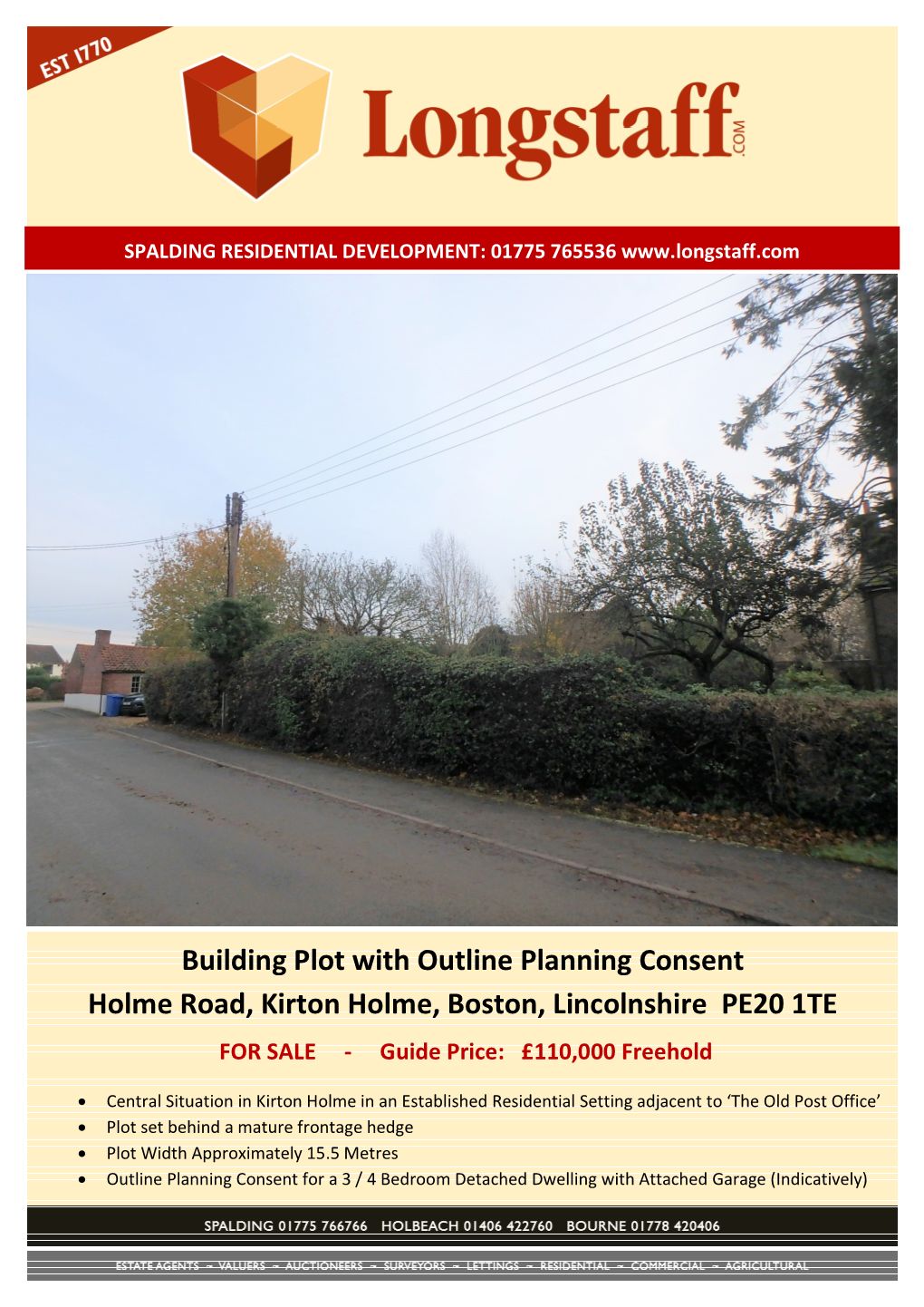 Building Plot with Outline Planning Consent Holme Road, Kirton Holme, Boston, Lincolnshire PE20 1TE for SALE - Guide Price: £110,000 Freehold