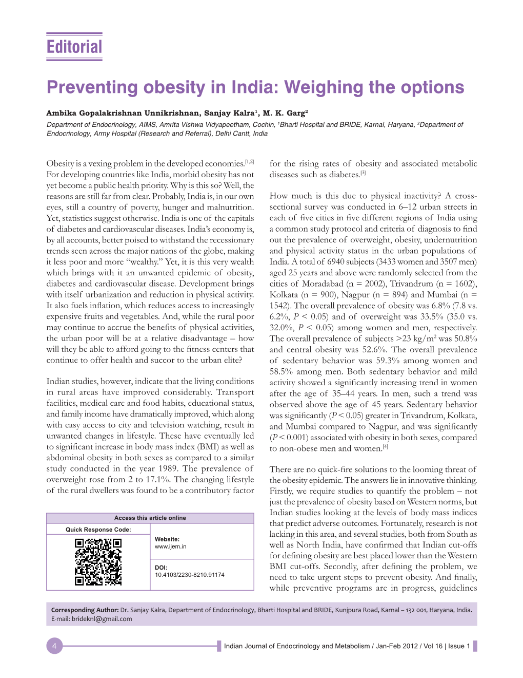 Preventing Obesity in India: Weighing the Options