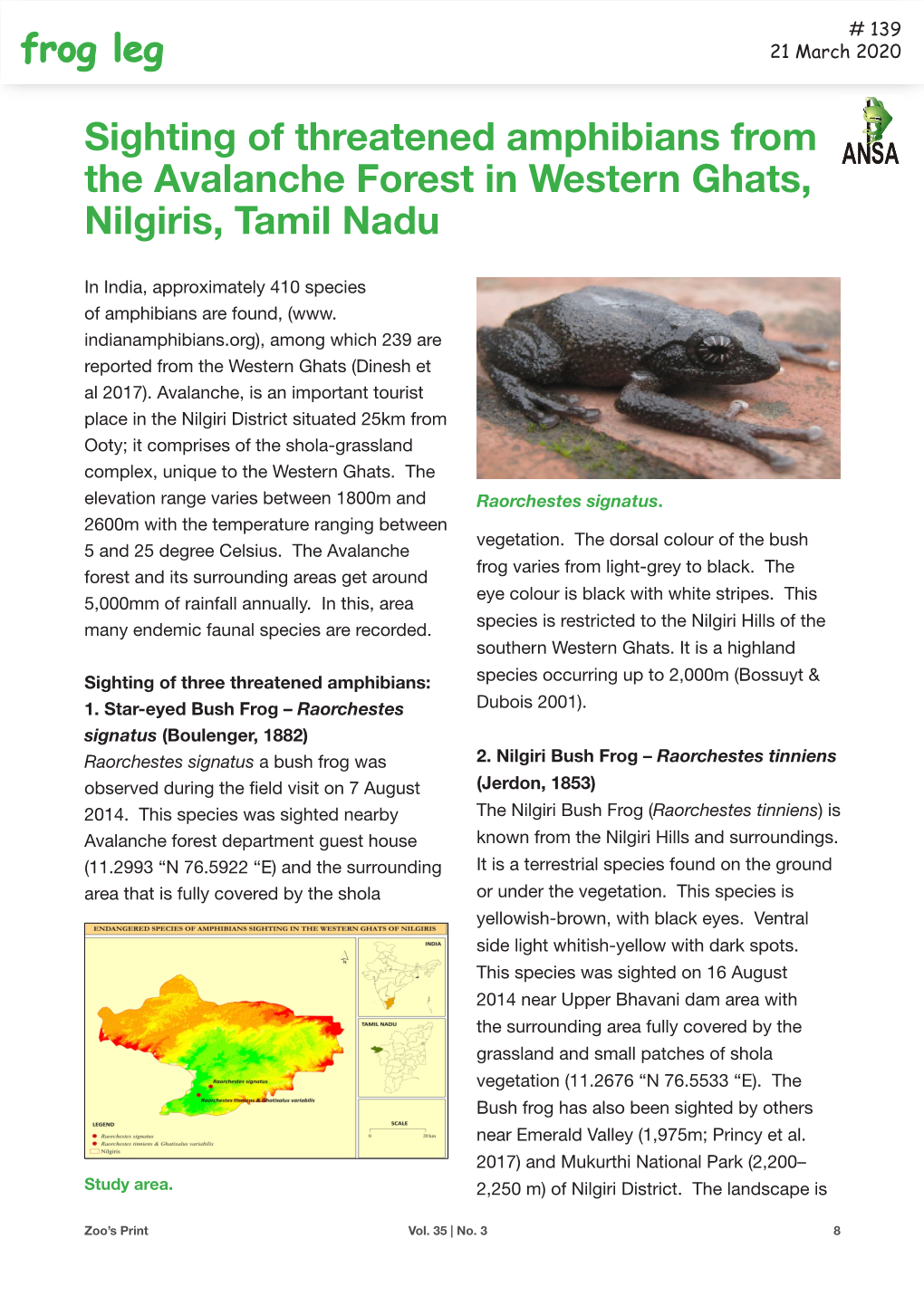 Sighting of Threatened Amphibians from the Avalanche Forest in Western Ghats, Nilgiris, Tamil Nadu