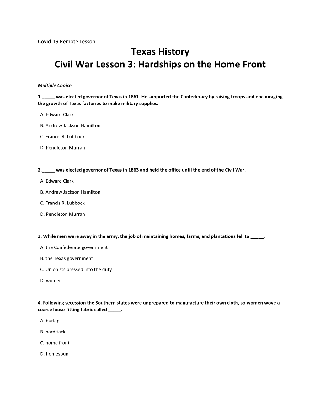 Texas History Civil War Lesson 3: Hardships on the Home Front