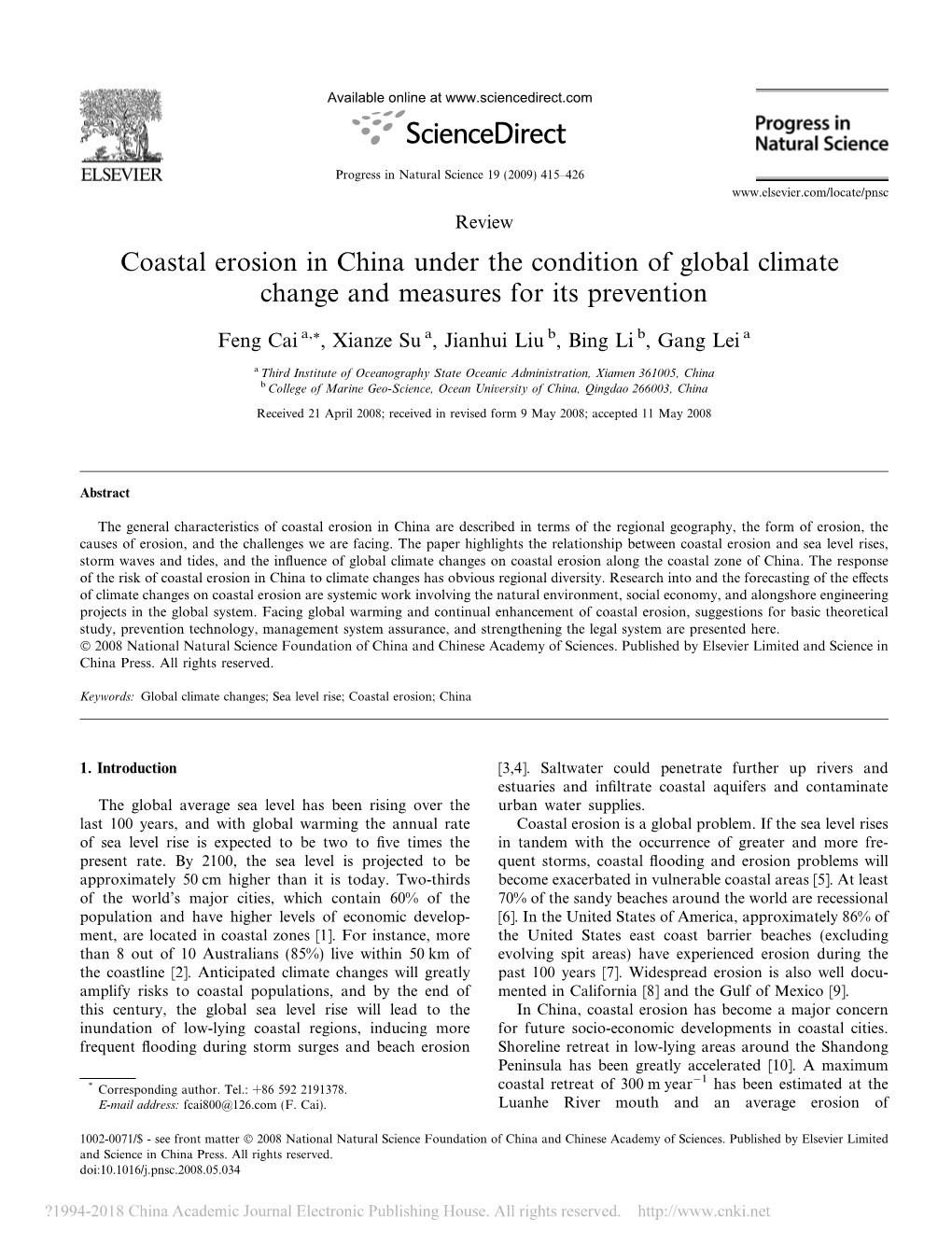 Coastal Erosion in China Under the Condition of Global Climate Change and Measures for Its Prevention