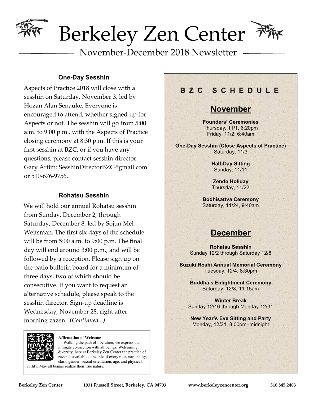 Berkeley Zen Center November-December 2018 Newsletter