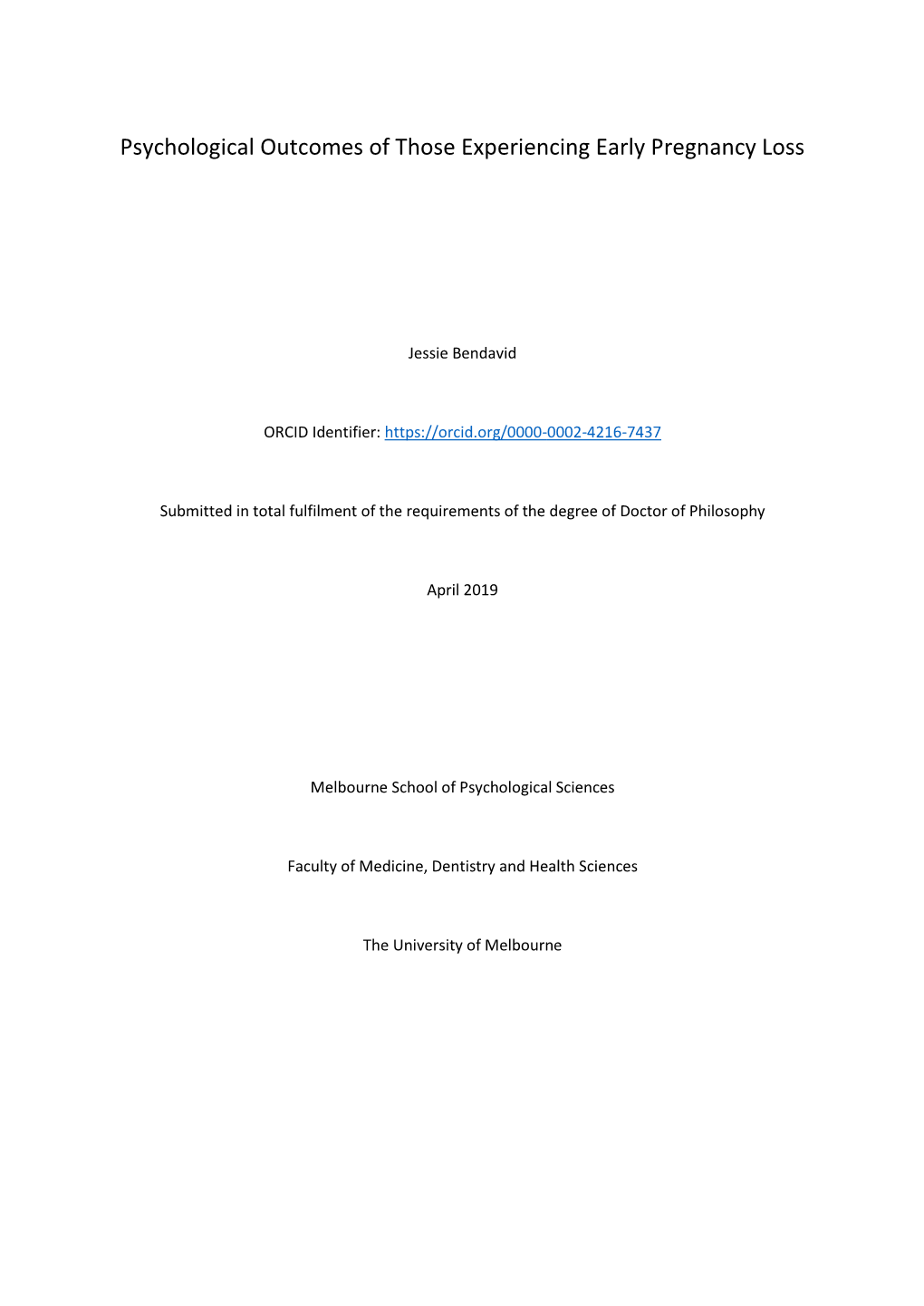 Psychological Outcomes of Those Experiencing Early Pregnancy Loss