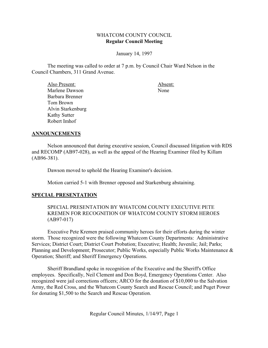 Regular Council Minutes, 1/14/97, Page 1 WHATCOM COUNTY