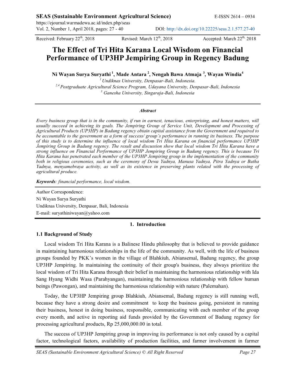 The Effect of Tri Hita Karana Local Wisdom on Financial Performance of UP3HP Jempiring Group in Regency Badung