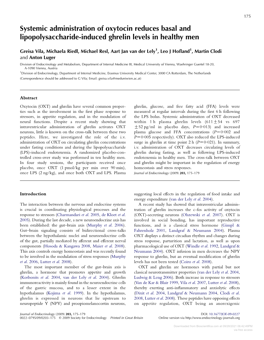 Systemic Administration of Oxytocin Reduces Basal and Lipopolysaccharide-Induced Ghrelin Levels in Healthy Men