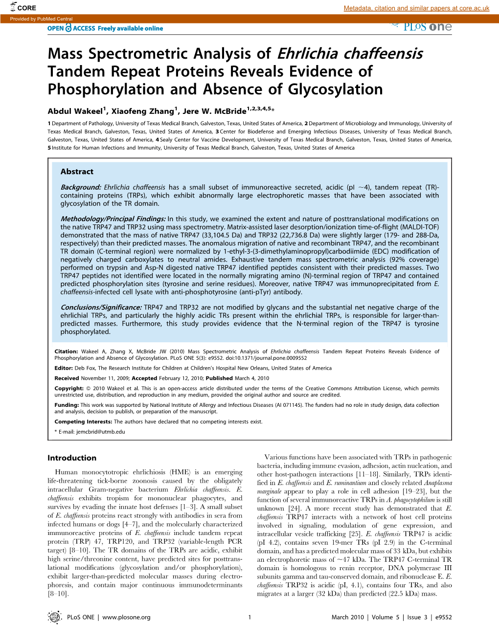 Mass Spectrometric Analysis of Ehrlichia Chaffeensis Tandem Repeat Proteins Reveals Evidence of Phosphorylation and Absence of Glycosylation