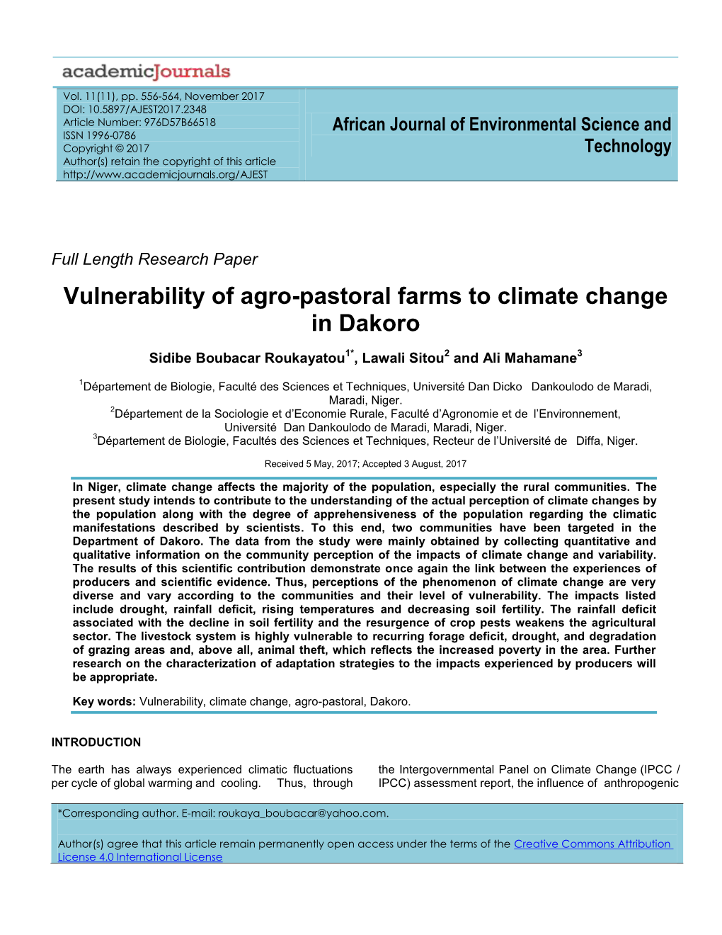 Vulnerability of Agro-Pastoral Farms to Climate Change in Dakoro