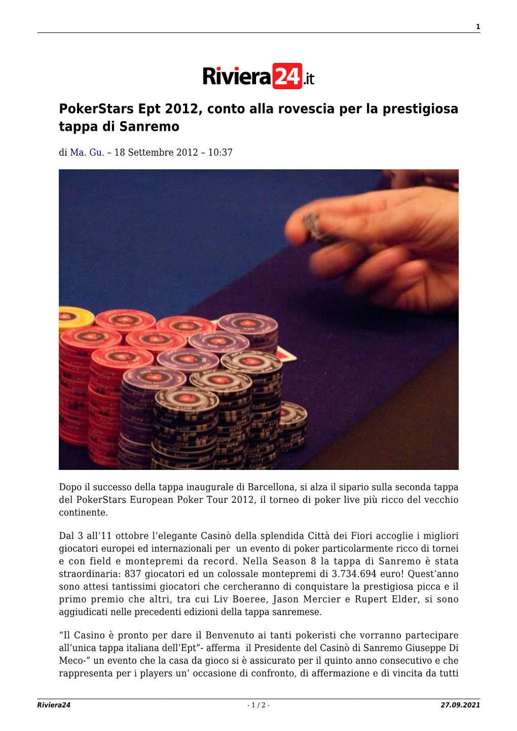 Pokerstars Ept 2012, Conto Alla Rovescia Per La Prestigiosa Tappa Di Sanremo
