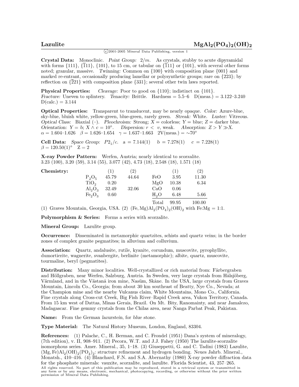 Lazulite Mgal2(PO4)2(OH)2 C 2001-2005 Mineral Data Publishing, Version 1 Crystal Data: Monoclinic