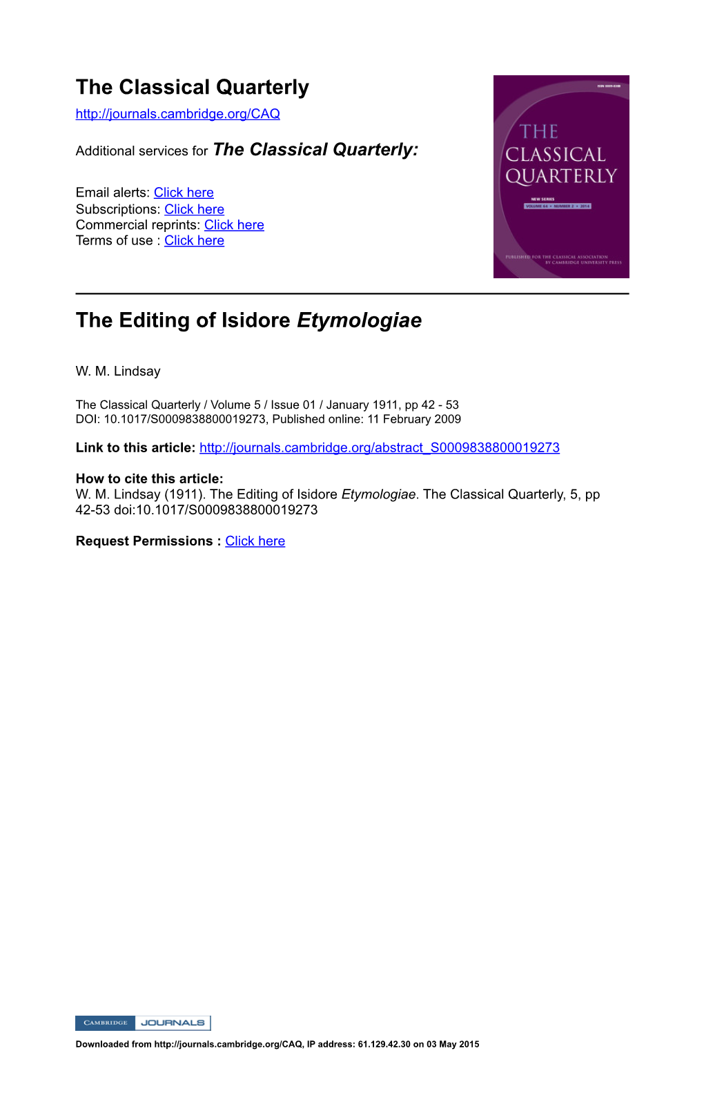 The Editing of Isidore Etymologiae