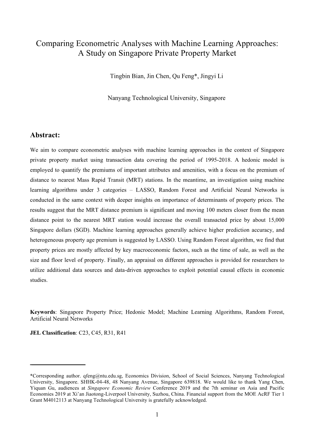 Comparing Econometric Analyses with Machine Learning Approaches: a Study on Singapore Private Property Market