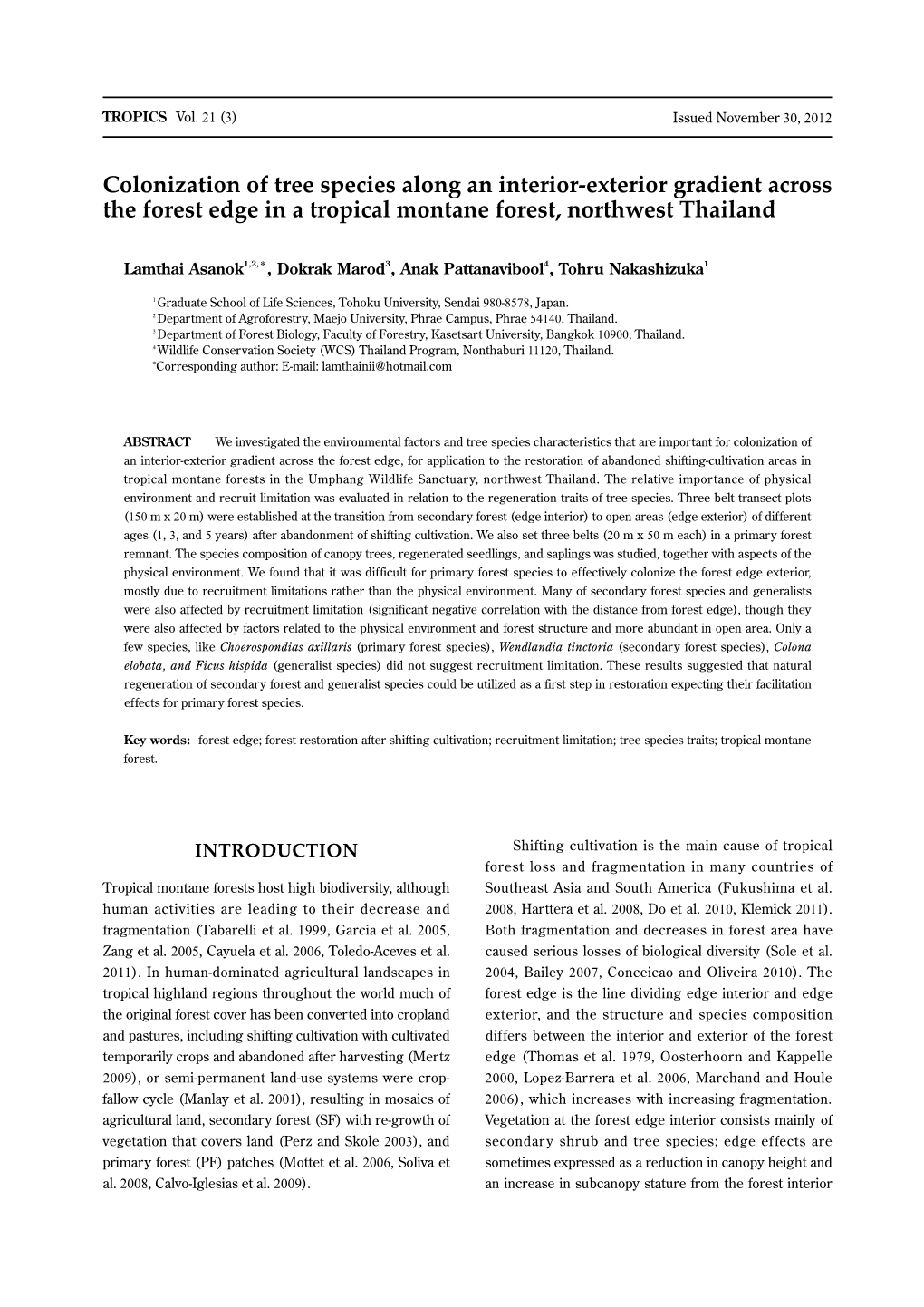 Colonization of Tree Species Along an Interior-Exterior Gradient Across the Forest Edge in a Tropical Montane Forest, Northwest Thailand