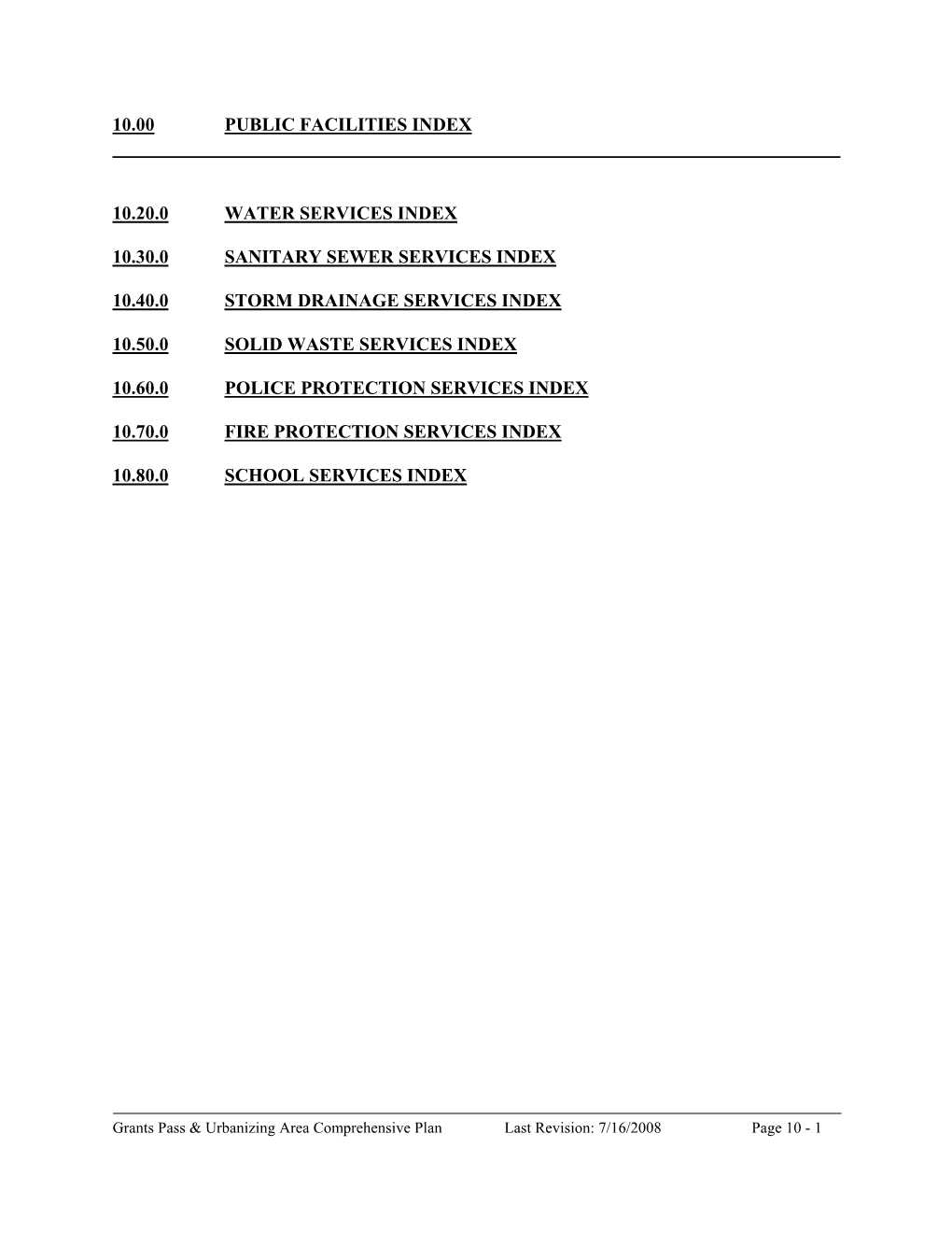 10.00 Public Facilities Index 10.20.0 Water Services Index