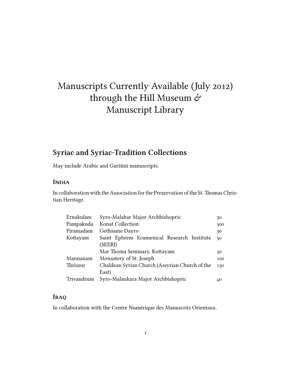 Manuscripts Currently Available (July ) Through the Hill Museum & Manuscript Library