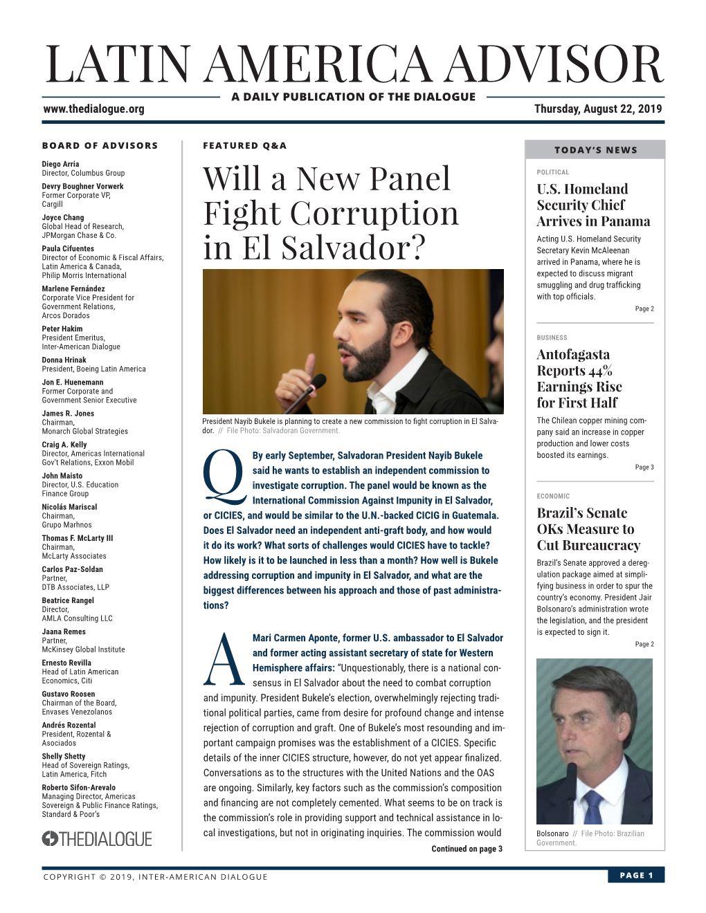 LATIN AMERICA ADVISOR a DAILY PUBLICATION of the DIALOGUE Thursday, August 22, 2019