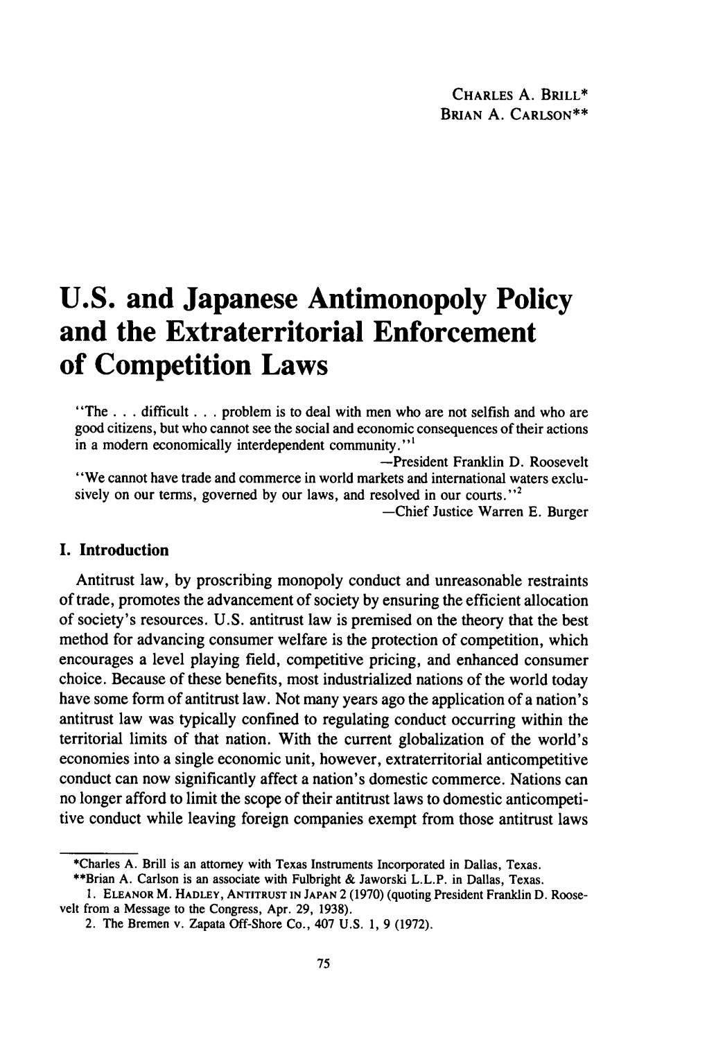 U.S. and Japanese Antimonopoly Policy and the Extraterritorial Enforcement of Competition Laws