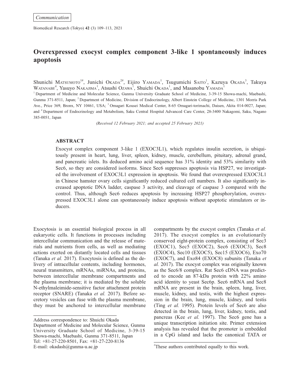 Overexpressed Exocyst Complex Component 3-Like 1 Spontaneously Induces Apoptosis