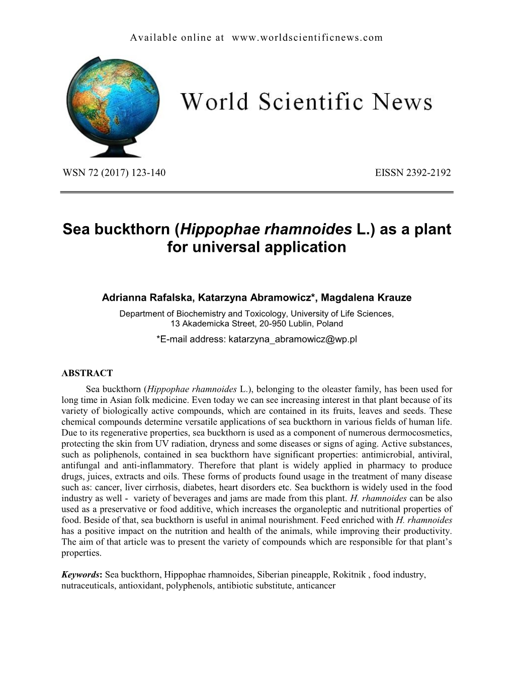 Sea Buckthorn (Hippophae Rhamnoides L.) As a Plant for Universal Application