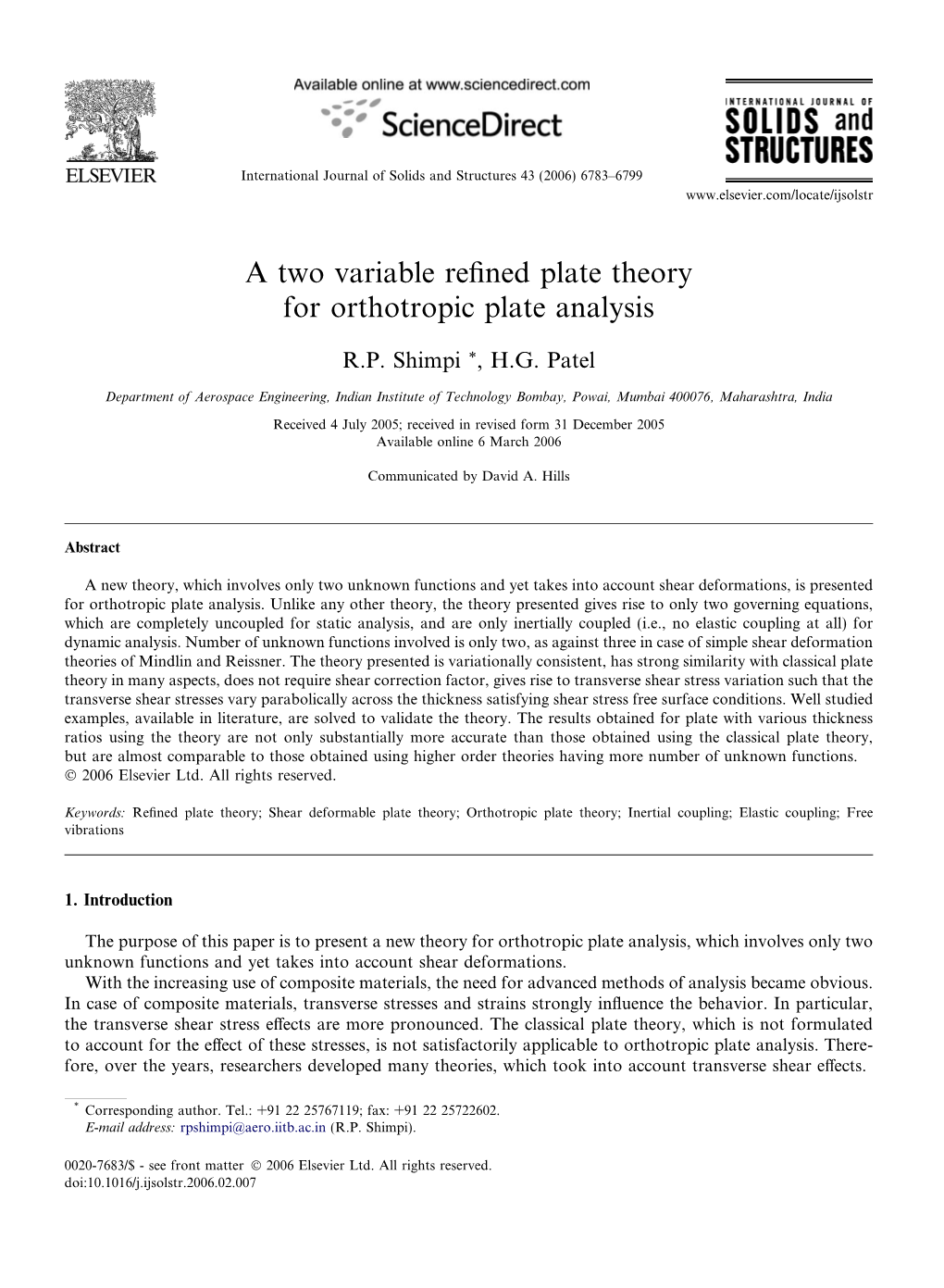 A Two Variable Refined Plate Theory for Orthotropic Plate Analysis