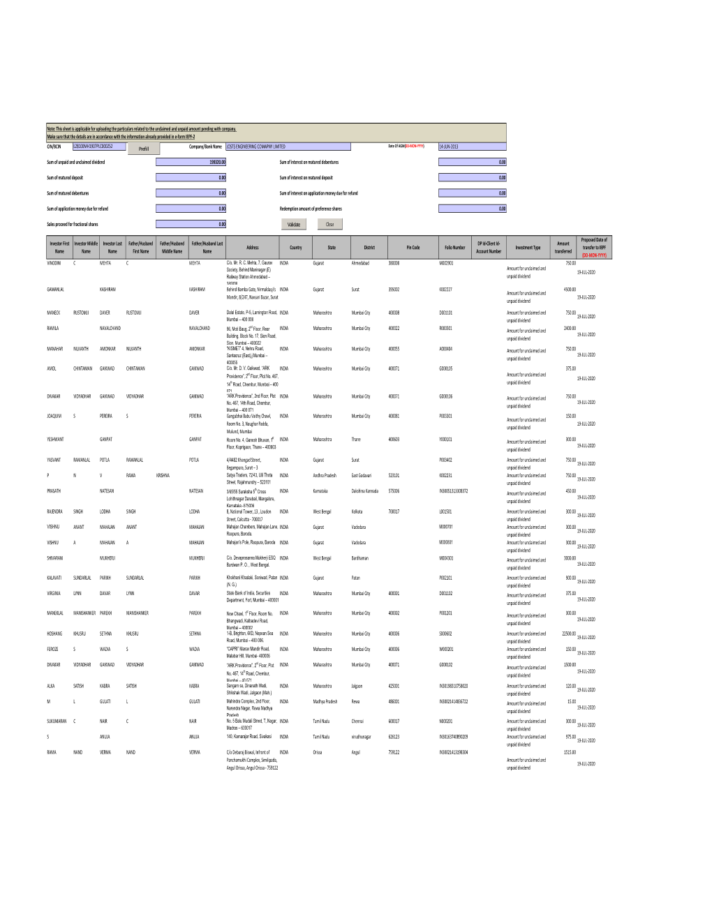 CIN/BCIN Company/Bank Name Date of AGM(DD-MON-YYYY) Investor