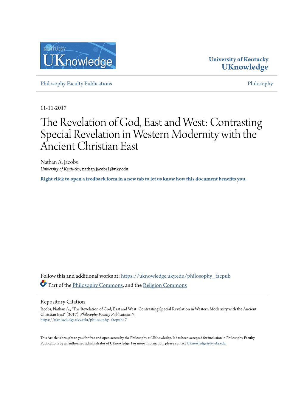 The Revelation of God, East and West: Contrasting Special Revelation in Western Modernity with the Ancient Christian East Nathan A