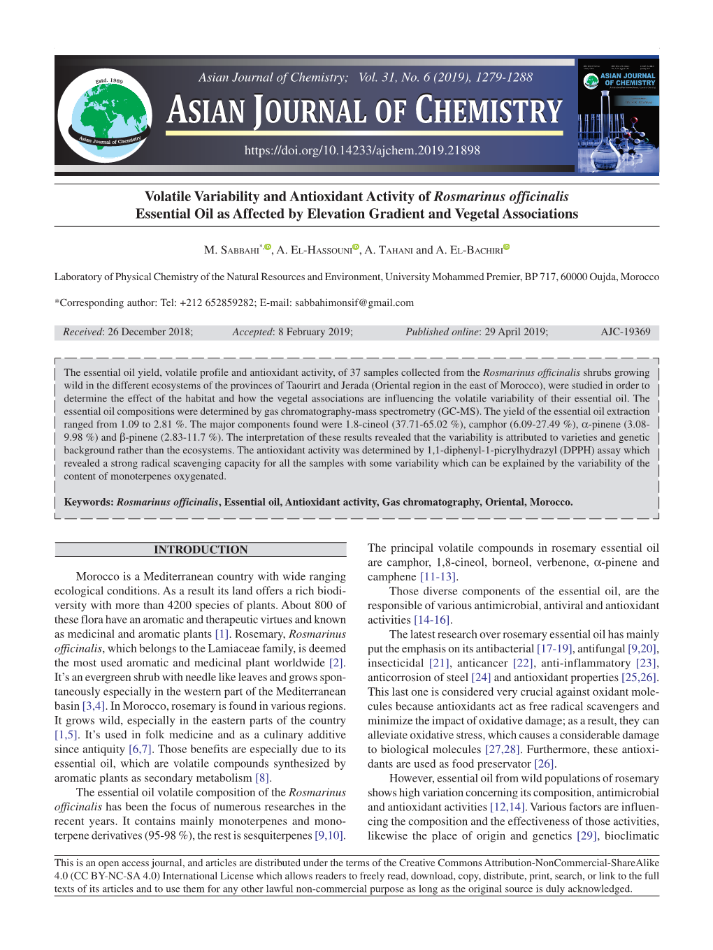 Volatile Variability and Antioxidant Activity of Rosmarinus Officinalis Essential Oil As Affected by Elevation Gradient and Vegetal Associations