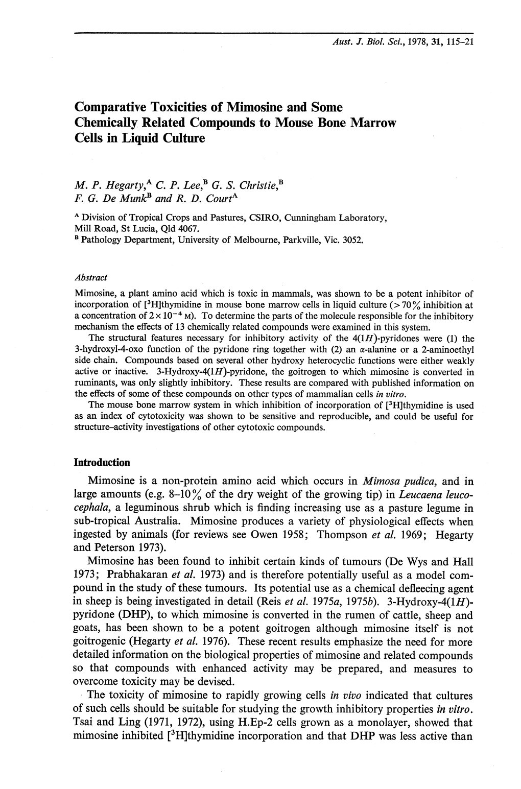 Comparative Toxicities of Mimosine and Some Chemically Related Compounds to Mouse Bone Marrow Cells in Liquid Culture